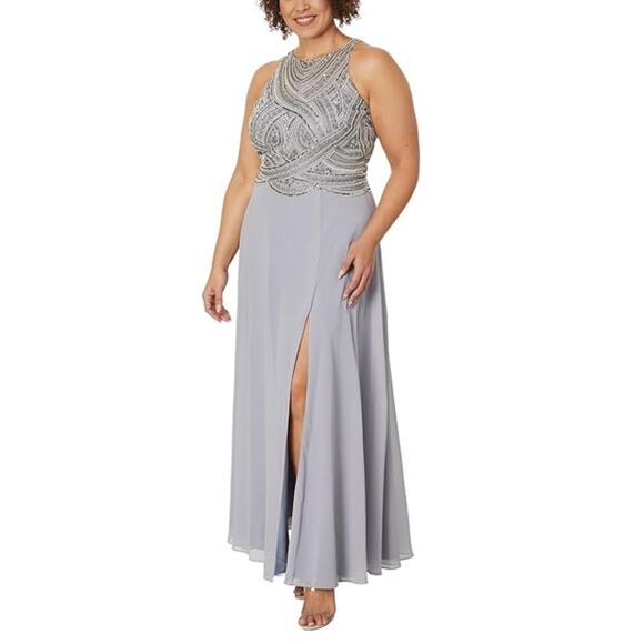 Betsy & Adam Beaded Chiffon Evening Gown Gray Size 8 Cut Out Thigh Slit Formal - Picture 11 of 13